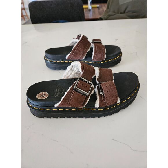 NWOT- Dr. Martens Myles Suede Fur-Lined Buckle Slide Sandals in Dark Brown- SZ-8 - Picture 2 of 5